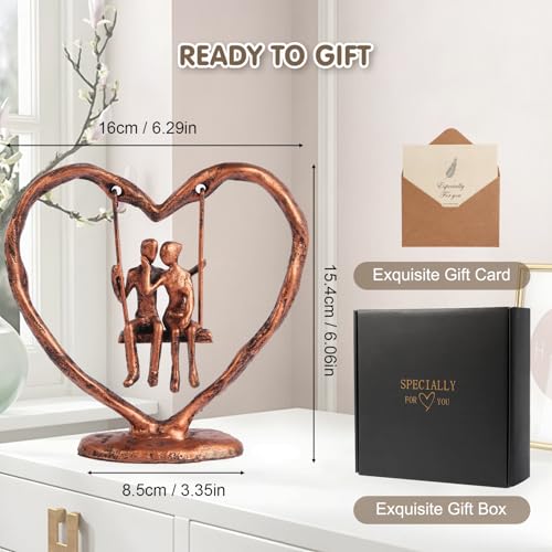 Antique Copper Wedding Anniversary Couple Sculpture - Heart Swing Figurine Gift