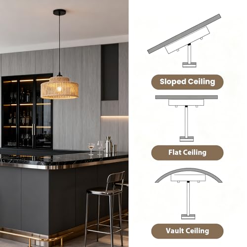 Brown 2-Pack Rattan Pendant Light - 11 Inch Handmade Woven Wicker Chandeliers for Kitchen & Living Room - Small Basket Hanging Light Fixture