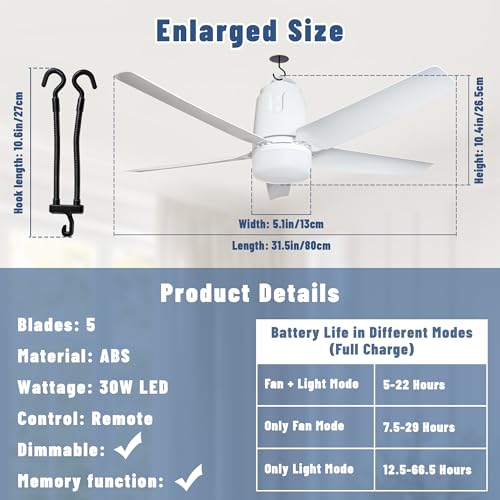 Solar Outdoor Ceiling Fan Light - 31.5 Inch Portable Gazebo Fan with Remote & Hook