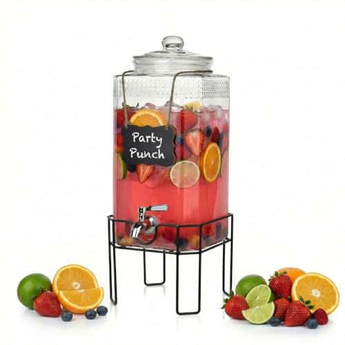 2 Gallon Glass Drink Dispenser with Stand and Leakproof Spigot - Lemonade Iced Tea Punch