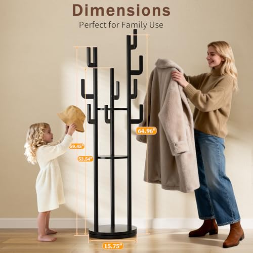 Freestanding Wooden Coat Rack with 9 Hooks & 3 Shelves - Black, 360° Rotating Entryway Organizer