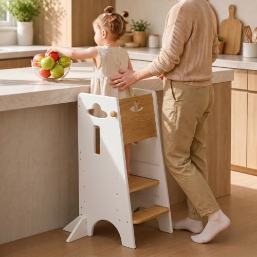 COSYLAND Toddler Kitchen Standing Tower with Safety Rail - Natural & White, Adjustable & Stable Toddler Step Stool