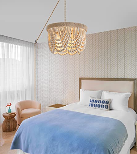 Plug-in Boho Chandelier with Natural Hemp Rope & Wooden Beads - Farmhouse Pendant Light with 14.8FT Cord, 3 E26 Bulb Bases, On/Off Switch, Natural Hemp Variation