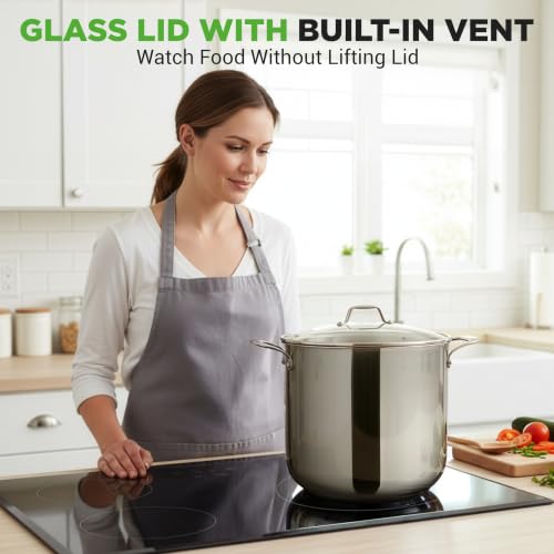 NutriChef 15-Quart Stainless Steel Stock Pot with Glass Lid, Induction Compatible