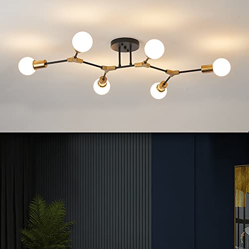 Gold and Black Sputnik Semi Flush Ceiling Light Fixture - 6 Light Variation