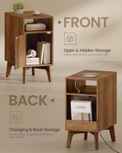 VASAGLE Narrow End Table with Charging Station, Nightstand – Honey Brown, 18.9 x 11.8 x 23.6 inches