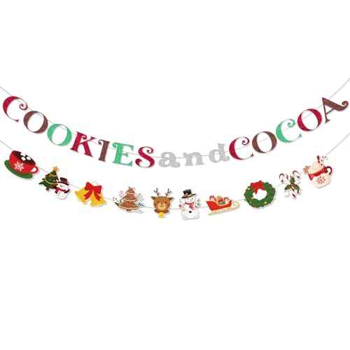 Cookies Cocoa Party Decorations - Christmas Snowman Banner 2 Pcs Snowflake Gingerbread Man Garland Hot Chocolate Bar Decor Supplies for Winter Holiday Birthday Xmas New Year Party Decoration