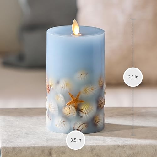 Luminara 6.5 Inch Unscented Flameless Candle with Moving Flame - Coastal Seashell & Starfish Chambray