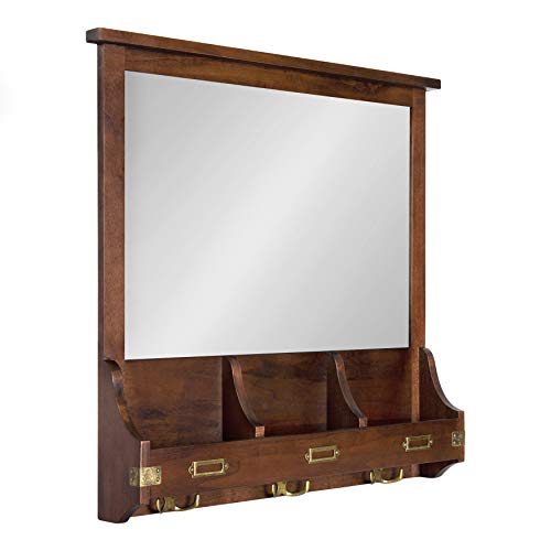 Wall Mounted Wood Home Organizer Mirror with Pockets & Hooks - Walnut 24"L x 3.5"W