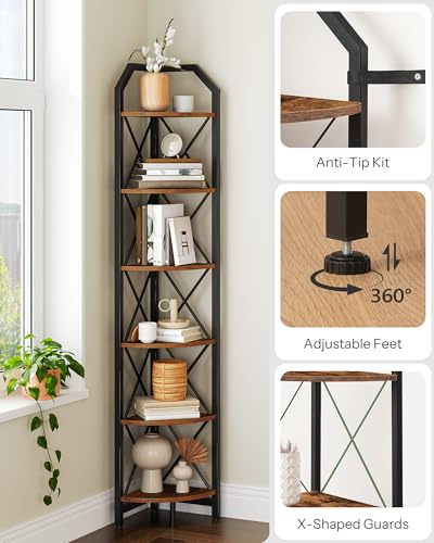 Corner Shelf 6-Tier Industrial Corner Bookshelf - Rustic Brown & Black, 71.2"
