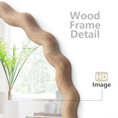 24-Inch Light Brown Wooden Wall Mirror with Scalloped Wavy Frame - Bathroom & Nursery Decor