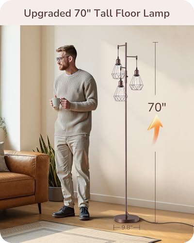 EDISHINE 70-Inch Industrial Floor Lamp with Dimmable 3 LED Bulbs - Brown