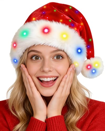 LED Light Up Christmas Santa Hat for Adults & Kids Holiday Party Headwear