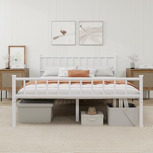 White Metal Platform Bed Frame Queen Size with Headboard - WJORATA