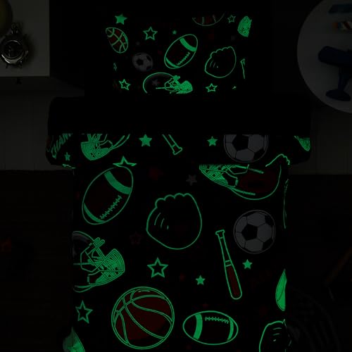Wink Deer Glow in the Dark Twin Comforter Set for Boys - Sports Ball Pattern, 5 Pieces, Bedtime Glow Environment
