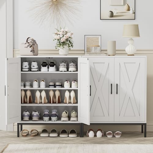 White Farmhouse Shoe Cabinet with 2 Barn Doors & Metal Legs - Homleke