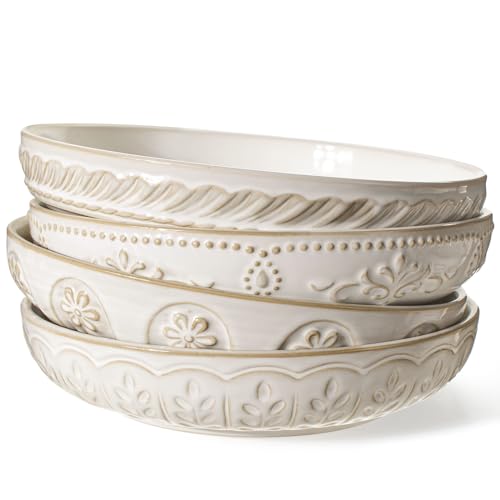Artena White Pasta Bowls Set of 4 – 50oz Large Ceramic Salad & Soup Plates, Embossed & Reaction Glaze, Microwave & Dishwasher Safe