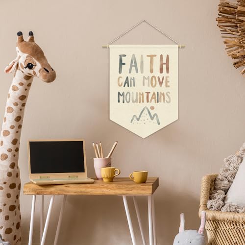 Christian Kids Wall Art Canvas Banner,Faith Can Move Mountains,Bible Verses Wall Hanging Pennant Flag Canvas Banner for Playroom Classroom Baby Kids Bedroom 15x11in