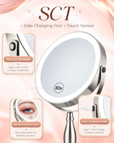 SANFANGIE Brushed Nickel Double-Sided Lighted Makeup Mirror 1X/30X Magnification