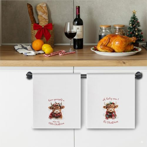 ChissNook Winter Highland Cow Christmas Kitchen Towels Set of 2 - 16x24 Inches