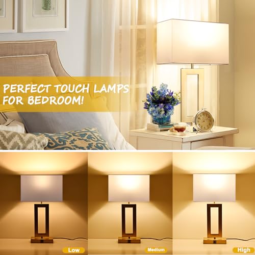 BrightWe 22-Inch Gold & White Set of 2 Touch Control Bedside Table Lamps with USB Ports - Large