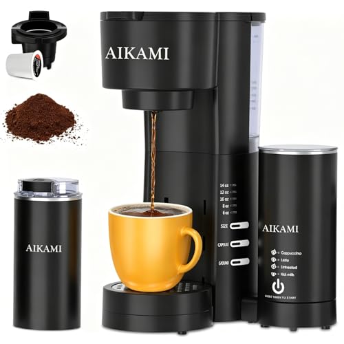 AIKAMI 4-in-1 Single Serve Coffee Maker with Milk Frother & Grinder, K-Cup & Grounds, 30oz Water Reservoir