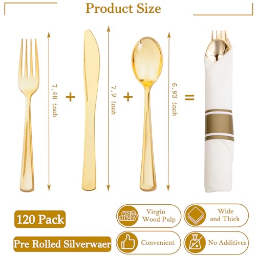 120 Pack Gold Plastic Cutlery Set with Napkins - Wrapped Disposable Forks Spoons Knives