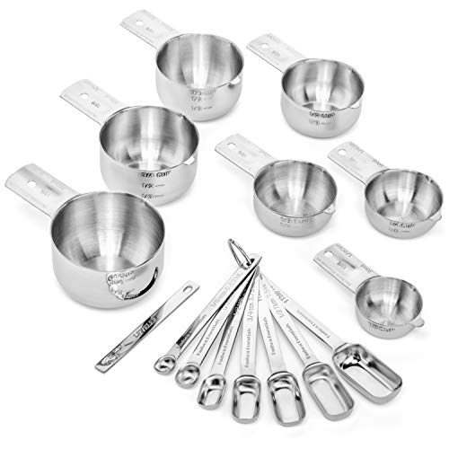 14 Piece Stainless Steel Measuring Cups and Spoons Set - Stackable Kitchen Utensils with Marked Measurements