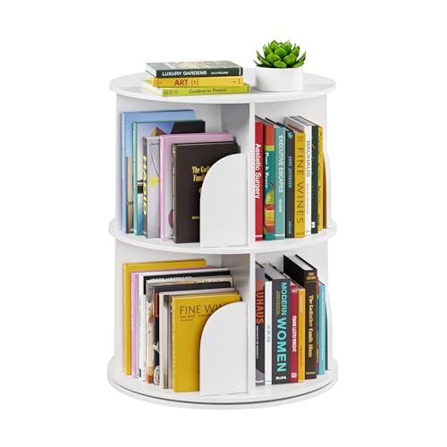 2-Tier Rotating Bookshelf Tower - 25.6 Inch White Spinning Bookcase Lazy Susan