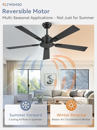 ZMISHIBO 52 Inch Black Ceiling Fan No Light with Remote, 6-Speed Reversible DC Motor