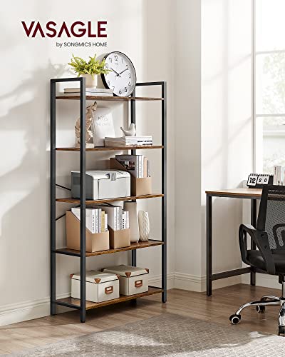 VASAGLE Rustic Brown & Ink Black 5-Tier Bookshelf - Without Back Panels, 11.8"D x 26"W, Industrial Style