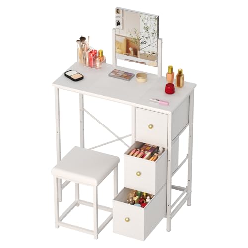White 27.5 Inch Small Vanity Desk with Mirror & Stool, Compact Makeup Table for Girls & Teens - Space Saving