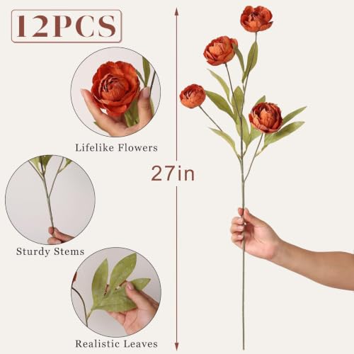 Orange Faux Silk Peony Flower Stems - 12 Pieces, 27-Inch Fall Decor