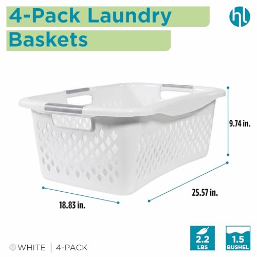 Home Logic 1.5 Bushel Plastic Laundry Basket 4 Pack - Ventilated Collapsible Hamper with Handles for Bedroom Bathroom Closet