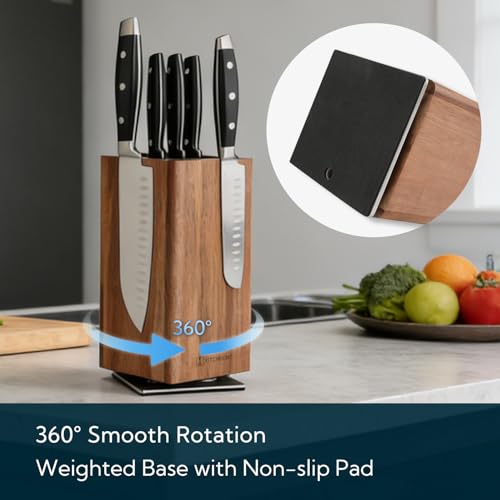 Magnetic Knife Block with Removable Insert - 360° Rotatable Acacia Wood Knife Holder, Large Capacity Kitchen Organizer