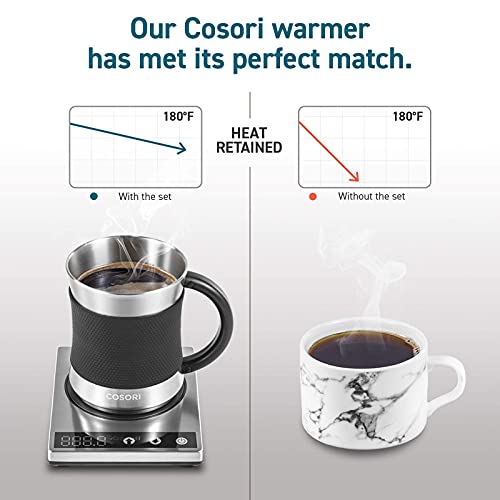 Cosori Silver & Black Coffee Mug Warmer & Mug Set - Precise 1°F Temperature Control