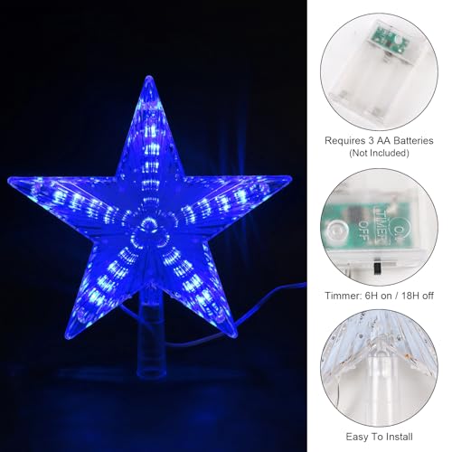 DERAYEE Blue 9 Inch LED Christmas Tree Topper with 6H Timer Battery Operated