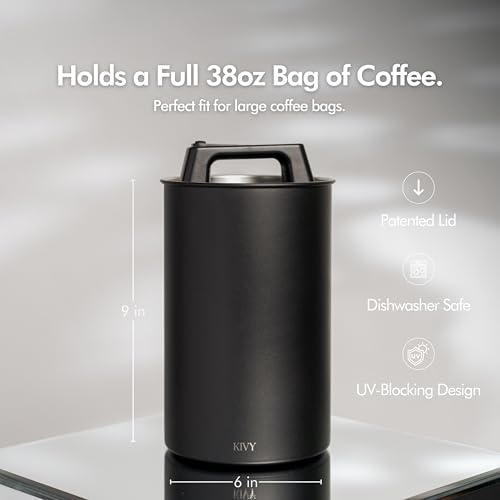 KIVY Large Black Vacuum Coffee Canister - Airtight Stainless Steel Storage for Fresh Coffee