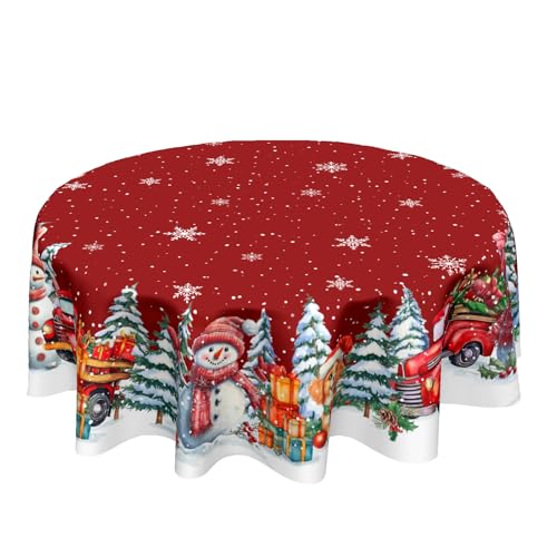 Kawani 60-Inch Christmas Round Tablecloth Snowman Red Truck Snowflakes, Xmas Decor