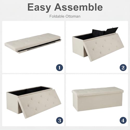 43-Inch Folding Storage Ottoman Bench with Linen Fabric - Soft Beige