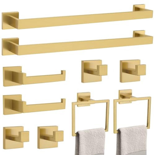 TNOMS 10-Piece Brushed Gold Bathroom Hardware Set - Wall Mount, SUS304 Stainless Steel, 23.6 Inch