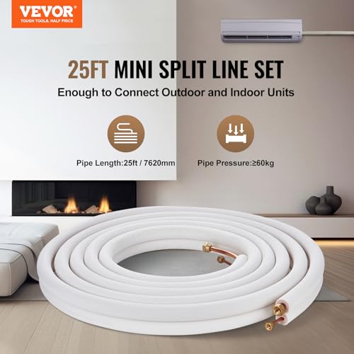 VEVOR 25FT Mini Split Line Set Copper Pipes with Triple-Layer Insulation, 1/4 & 3/8 Inch Tubing & Accessories