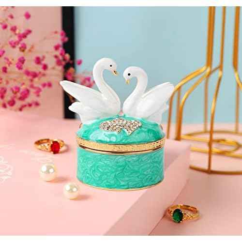 Swan Trinket Box Hinged Crystal Enameled Ornament Decorative Jewelry Ring Store Box Hand-Painted Craft Gifts for Home Decor (Green)