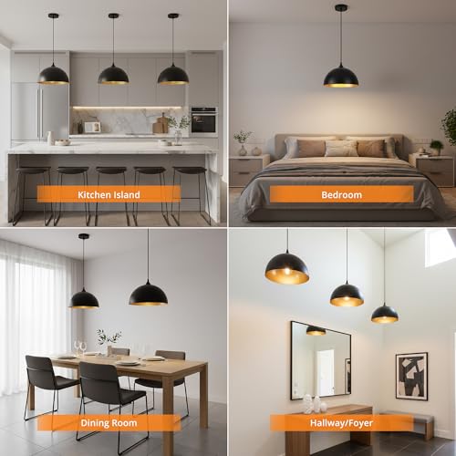 Black & Gold Pendant Lights 3 Pack - 11.8 Inch Modern Farmhouse Dome Fixture for Kitchen Island & Dining