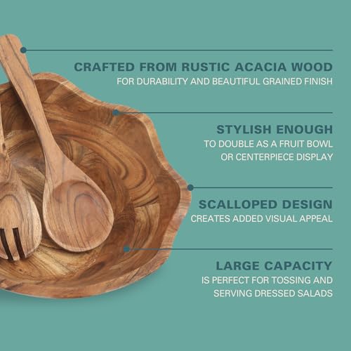 Acacia Wood Salad Bowl Set with Servers - 12-Inch Rustic Serving Dish with Utensils - Sandhurst / Acacia Wood 3-Piece Set