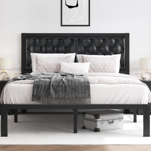 HISOFT Queen Bed Frame with Upholstered Button Tufted Headboard - Black, Platform Support, Under Bed Storage, Noise-Free, Easy Assembly