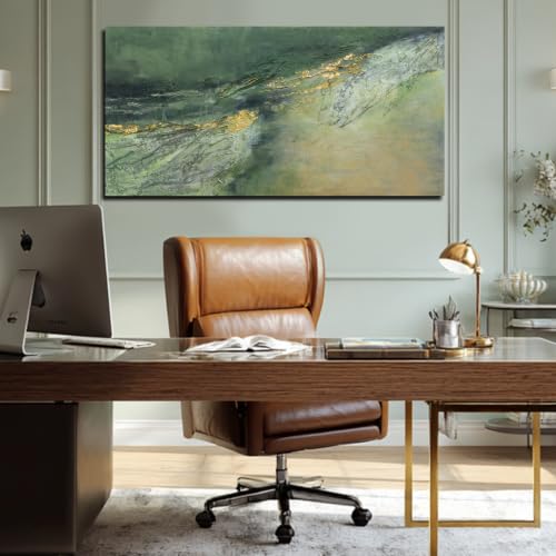 Dark Green Green Gold Abstract Wall Art Canvas Print 24x48 Inch for Living Room
