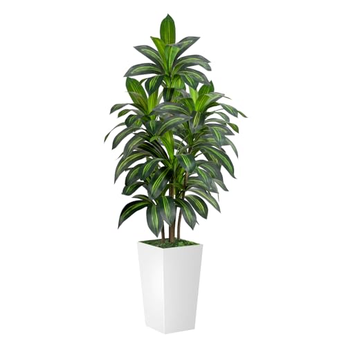 VIVATREES 5ft Artificial Dracaena Tree with White Planter - Indoor & Outdoor Faux Tree
