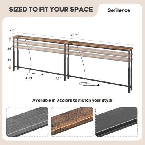 SEFILENCE Rustic Brown 78.7'' Narrow Console Table with Adjustable Height 26-34"