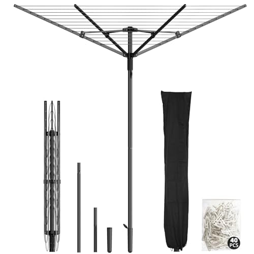 Heavy Duty Outdoor Clothes Drying Rack Black-164ft Rotating Adjustable Clothesline